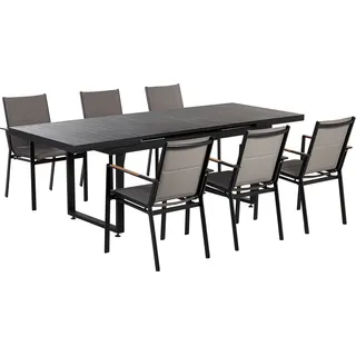 BELIANI Gartenmöbel Set 7-teilig Schwarz Aluminium Ausziehtisch 180 / 240 x 90 cm Latten-Tischplatte Rechteckig mit 6 Stühlen Bespannung Grau Stapelbar - Schwarz, Grau