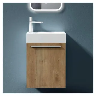 Badezimmer-Set Waschplatz Badmöbel Gäste WC Waschbecken Waschtisch mit Unterschrank in Kerneiche - Weiß