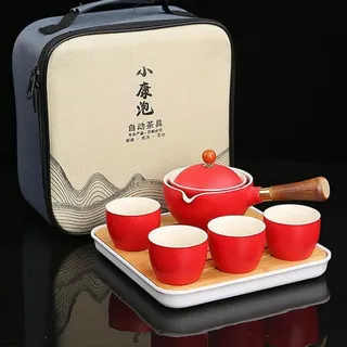 Scizorito Keramik Portable Travel Tee Set, chinesischer Kungfu Tee Set mit 360-Rotation Teekanne und Infuser, 4-Teetassen, Tee Tablett und Reisetasche (Rot)