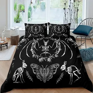 Schädel Bettbezug Fledermaus Skelett Bettwäsche Set Boho Motte Gothic Schädel Bettwäsche-Set für Kinder Jungen Mädchen Erwachsene Halloween Themen Bettwäsche 135x200cm Ultra Soft Horror Room Decor
