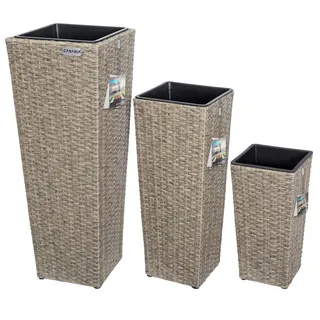 CASARIA® Blumentopf 3er Set Polyrattangeflecht Übertopf Wasserabfluss Rattanoptik Outdoor Pflanzkübel Blumenkasten Creme
