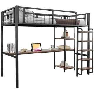 Stilvora Hochbett 90/200 cm in Schwarz mit Schreibtisch, Regal und Sicherheitsleiter aus Metall , Metall, Holz , 90x200 cm , Babymöbel & Kindermöbel, Kinderzimmer & Jugendzimmer, Kinderbetten, Hochbetten