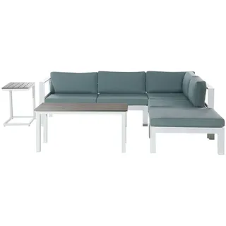 Beliani Lounge Set Weiß Aluminium und Kunstholz mit Auflagen Mintgrün Stoff Skandi Modern 5-Sitzer Ecksofa Ottomane und 2 Couchtische Terrasse Garten Möbel - Weiß, Grün,