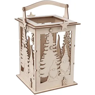 Rayher Holz Laterne Wichtel, mit Griff, 15,3 x 15,3 x 26,5 cm, Holzbausatz, 31-tlg., Windlicht, für LED-Kerze, Lichterkette, FSC zertifiziert, 64517505, Beige