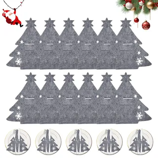 NEERIX 12 Stück Besteckhalter Weihnachten Filz,Festliche Besteckhalter Weihnachten im Weihnachtsbaum Design,Weihnachtsdeko für Messer,Gabeln & Löffel,Party & Festtags Essen(Grau)