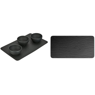 Villeroy & Boch - Manufacture Rock Set Dipschälchen 4tlg. & Manufacture Rock Servierplatte rechteckig, formschöne Präsentationsplatte aus Premium Porzellan, spülmaschinenfest, schwarz