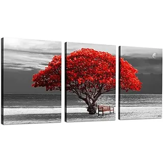 hyidecorart Leinwandbilder 40x58 cm 3er Set Wohnzimmer, Modern Rot Baum des Lebens Wandbilder Set mit Rahmen Schlafzimmer, Natur Schwarz und Weiß Kunstdruck Wanddeko Flur küche Büro Villa Badezimmer