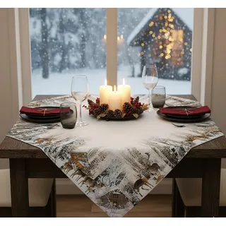 KAMACA Tischdecke Mitteldecke 85x85 cm mit hochwertigem Druck-Motiv Küche Esstisch Eyecatcher Herbst Winter Weihnachten (Rehfamilie Im Winterwald)