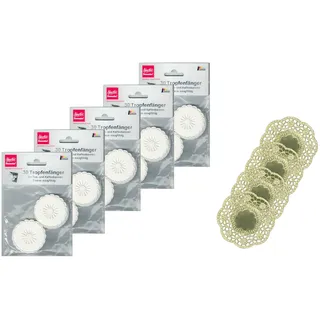 Demmler Tropfringe/Tropffänger 5er Set - Zum Abfangen von herunterlaufenden Tropfen - Farbe: Weiß - Insgesamt 150 Stück - inklusiv 4 goldenene Tassendeckchen - Made in Germany