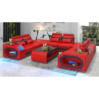 Design Wohnlandschaft Großes Sofa XXL U Form Ecksofa Ledersofa Rot LED - Rot