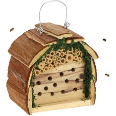 Relaxdays Insektenhotel, Nisthilfe für Bienen und Wespen, für Garten und Balkon, HxBxT 15,5 x 16 x 10,5 cm, Natur/grün