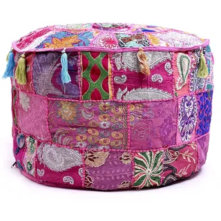 Aakriti Indian Pouf Fußhocker mit Stickerei Pouf, indische Baumwolle, Pouffe osmanischen Pouf Cover mit ethnischem Dekor Kunst - Cover (Pink, 46x33 cms)