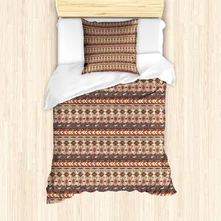 ABAKUHAUS Stammes Bettbezug Set, Einheimische Kunst horizontale Grenzen mit fliegenden Vögeln und geometrischen Elementen, 135 x 200 cm + 80 x 80 cm, Orange Braun Beige