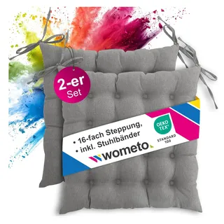 wometo 2er Set Sitzkissen 40x40 Oeko-TEX mit Bändern/Schleifen grau | gesteppte Sitzpolster / Stuhlkissen mit Steppung für Indoor und Outdoor, drinnen und draußen nutzbar, im Doppelpack