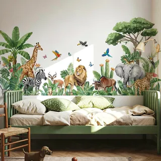 wondever Wandtattoo Safari Tiere Baum XXL (175 * 82cm) Wandaufkleber Dschungel Tiere Giraffe Elefant Löwe Wandsticker Wanddeko für Jungen Babyzimmer Kinderzimmer Spielzimmer