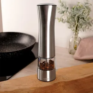 Orion Pfeffermühle Salzmühle Gewürzmühle elektrisch aus Stahl mit Keramikmahlwerk robust 21,5 cm - Silber