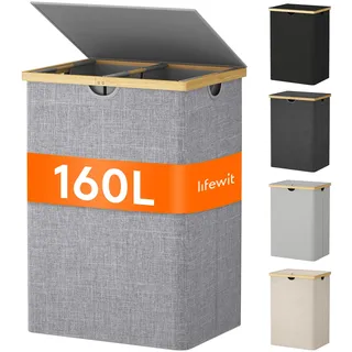 Lifewit 160L Bambus Wäschekorb mit Deckel, Faltbar Wäschesammler 2 Fächer Wäschesortierer mit Abnehmbarem Wäschesack Bambus Griffen Wäschebox Laundry Baskets für Waschküche, Schlafzimmer, Grau