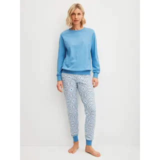 Schlafanzug CALIDA "Cotton Stripes", Damen, Gr. XS (36/38), blau (riviera blau), Single Jersey, Obermaterial: 100% Baumwolle, bequem lang, Rundhals, angesetztes Bündchen, Homewear-Sets Schlafanzug, Langarm, Rundhals-Ausschnitt, lockere Passform, Baumwolle
