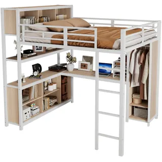 Stilvora Hochbett 140/200 cm in Weiß & Natur mit Kleiderschrank, Stauraum und Schreibtisch Metall & Holz , Metall, Holzwerkstoff , 140x200 cm , Babymöbel & Kindermöbel, Kinderzimmer & Jugendzimmer, Kinderbetten, Hochbetten