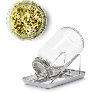 BigDean Sprossenglas Keimglas Set 1000ml - mit Edelstahl-Gitterdeckel + Ständer - Sprossen Keimgerät - Anzucht-Set von Sprossen & Keimlingen - Transparent, Silber