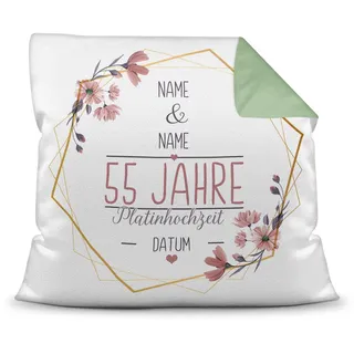 Tassendruck Kissen Hochzeitstag Platin Hochzeit - mit Name & Datum selbst gestalten - 55 Jahre Ehe, Geschenk Hochzeit, Jubiläum, Jahrestag - Farbkissen Rückseite Grün, 40x40 cm I Personalisiert
