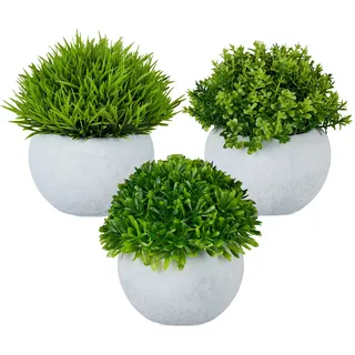 Relaxdays Kunstpflanzen, 3er Set, künstliche Pflanzen im Topf, Kunststoff, Stein, Tischdeko, Gras, Buchsbaum, grün/grau, Design A