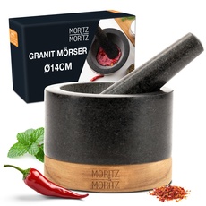 Moritz & Moritz Mörser mit Stößel Granit groß- 14cm Durchmesser – mit edlem Holzsockel - Kräutermühle perfekt für Gewürze, Pestos oder Pasten