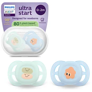 Philips Avent ultra start Schnuller – kiefergerecht geformtes Design, für Neugeborene, weicher, symmetrischer Silikonsauger, BPA-frei, mit Sterilisationsbehälter, 2er-Pack, SCF075/14