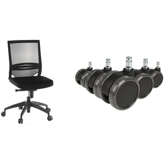 hjh OFFICE Profi Bürostuhl Porto ECO Stoff/Netz Schwarz Drehstuhl ergonomisch ohne Armlehnen, Lordosenstütze verstellbar & 5X Hartbodenrollen 11mm / 65mm Büro-Stuhl-Rollen für Hartböden (5er Pack)