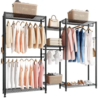 VEVOR Kleiderständer Garderobenständer (verstellbar) mit 4 Kleiderstangen & 385,5 kg Tragkraft & 7 Regalen & 8 Haken, offener Kleiderschrank für Schlafzimmer Bekleidungsgeschäft Garderobe Flur