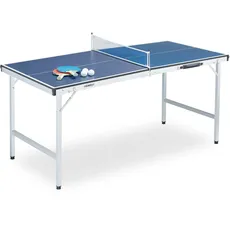 Relaxdays Tischtennisplatte Indoor, klappbar, Tischtennistisch mit Netz, 2 Schläger, 3 Bälle, HBT: 70x70x150 cm, blau