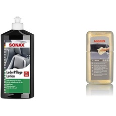 SONAX LederPflegeLotion (500 ml) wasserabweisende Lederpflege mit Bienenwachs für eine sanfte Reinigung und Pflege & NIGRIN 74054 Auto-Supertuch