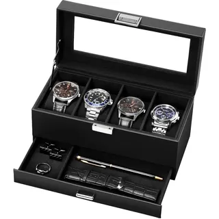 Lolalet 4 Slot Uhrenbox mit Glasdeckel Schmuckkästchen für Herren | Uhren Schmuck Box, PU Leather herausnehmbaren Uhrenkissen, leicht zu reinigen