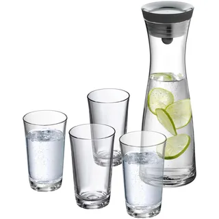 WMF Basic Wasserkaraffe-Set 5-teilig, Karaffe 1l mit 4 Wassergläser 250ml, Glaskaraffe mit Deckel, Silikondeckel, Closeup-Verschluss