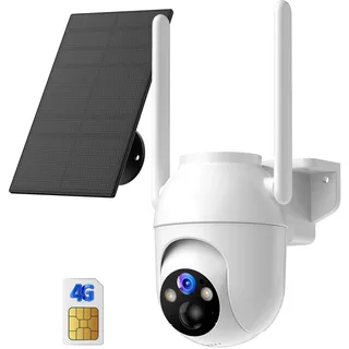 4G LTE Überwachungskamera Aussen Solar mit SIM: 2K HD Überwachungskamera Akku Kabellos Ohne WLAN - 360° Outdoor Kamera mit SIM Karte Farb Nachtsicht Bewegungsmelder Alarmanlage IP66 Wasserdicht