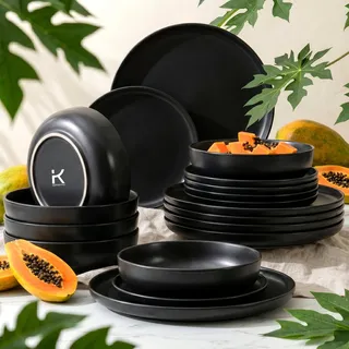 Konsimo Essservice Tafelservice VICTO Geschirrset Speiseteller Suppenteller Dessertteller 6 Personen (18-tlg), Schwarz Matt, Keramik, 20/27/18.5cm - Schwarz