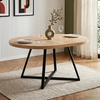 MODFU Runder Esstisch Eichenfarbe Ausziehbarer Esstisch mit verdickte Tischplatte und Metallbeinen für 4–6 Personen Minimalistischer Stil Eiche - Braun