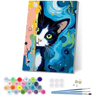 EOBROMD Niedliche Katzen Malen Nach Zahlen Erwachsene mit Rahmen, Malen Nach Zahlen Tiere, Cartoon Paint by Numbers, DIY Leinwand Handgemalt Ölgemälde Set für Home Decor 20x30cm