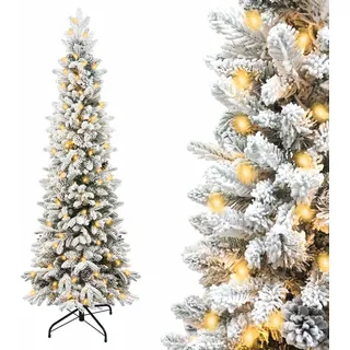 Künstlicher Weihnachtsbaum,Künstlicher Tannenbaum mit LED Beleuchtung,Weiß Schneeflocken, Realistischer Tannenbaum mit Metall-Ständer,180cm 766Spitzen - Weiß