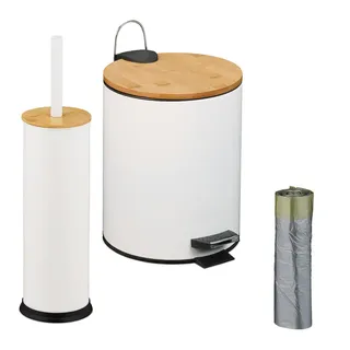 Relaxdays Bad-Set Weiß 2-tlg. Mülleimer WC-Bürste , Multicolor , Metall, Holz, Kunststoff , 20.5x26x25 cm , Badezimmer, WC Ausstattung, WC-Bürsten