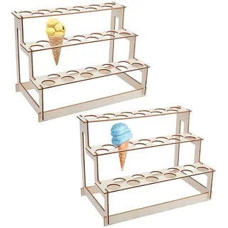SUPERFINDINGS 2 Set Eiswaffel Display Ständer Mit 66 Löchern Holz Eiswaffelhalter 3 Ebenen Süßigkeiten Essen Waffelständer Gestell Für Party Geburtstag Hochzeit