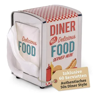 MIJOMA Serviettenspender aus Metall im Diner-Retro-Design – Serviettenhalter mit rutschfesten Füßen inkl. 60 Servietten – Küchen- und Tischdeko im American Style