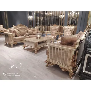 Klassische Barock Rokoko Chesterfield 5tlg. Couchtisch Beige Sofa Möbel - Beige