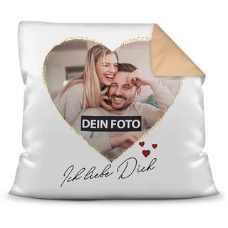 Print Royal Fotokissen inkl. Füllung mit Spruch - Ich Liebe Dich - zum Selbst Gestalten mit Wunschfoto im Herz - für den Partner, die Partnerin -Farbkissen Rückseite Beige, 40 x 40 cm
