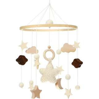 Litimkat Mobile babybett,Mit gehäkelten Sternen, Monden und Wolken hängenden Dekorationen Baby Mobile für das Bett Holz Mobile Baby Windspiel,Geschenk für Baby Mädchen oder Jungen(A), Beige