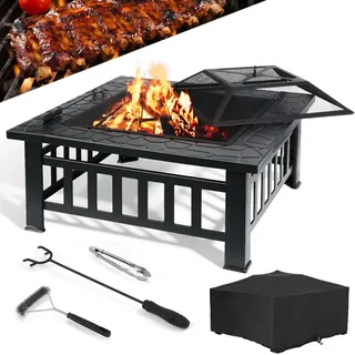 Feuerschale 81 cm - Garten Feuerstelle - Funkenschutz und Deckel - Grillrost - Abdeckung - 4-beiniges Design - Zubehörset mit Schürhaken und Zange