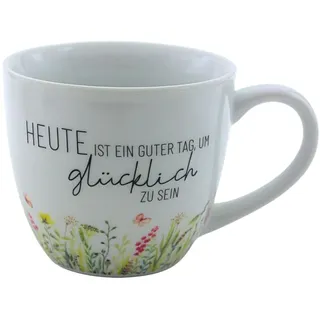 Maxi-XXL Kaffeebecher/Tasse aus Porzellan, XXL Kaffeepot, Motiv: Wiese, Heute ist ein guter Tag, um glücklich zu sein, Größe H/Ø: 9,2 x 10,5 cm, Fassungsvermögen 400 ml, Spülmaschinengeeignet.