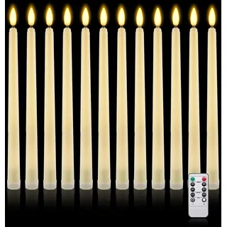 IMAGE 12 Stück LED Stabkerzen mit Fernbedienung und Timer Funktion, 25.4cm flammenlose 3D Docht batteriebetriebene LED Kerzen mit Angelschnur flackernd warmweißes Licht, ostern partys Weihnachtsdeko