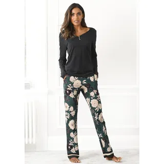 Pyjama S.OLIVER, Damen, Gr. 44/46, bunt (schwarz, dunkelgrün), Single Jersey, Obermaterial: 50% Baumwolle, 50% Viskose, geblümt, gerade lang, V-Ausschnitt, eingesetzt, Homewear-Sets Pyjama, mit geblümter Schlafhose, Topseller