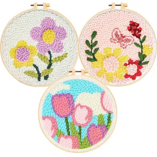 Allazone Punch Needle Embroidery Starter Kit, 3 Stück Stanznadel Stickerei Starter Kit mit Blumen Muster, DIY Stanznadel Kit mit Stickrahmen für Kunsthandwerk, Heimdekoration